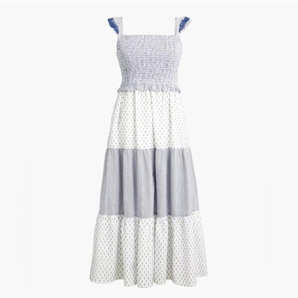 J.Crew Factory Smocked Clip-Dot Midi Tiered Lined Cotton Dress(M)